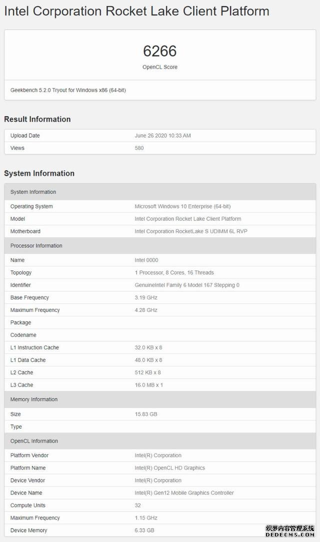 英特尔11代8核处理器Geekbenc跑分曝光 核显略低于i7 10700K